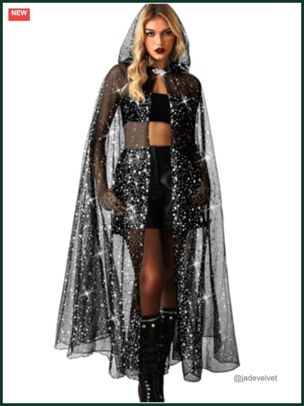 Hooded Mesh Cloak Sparkly Star Halloween Cosplay Cape